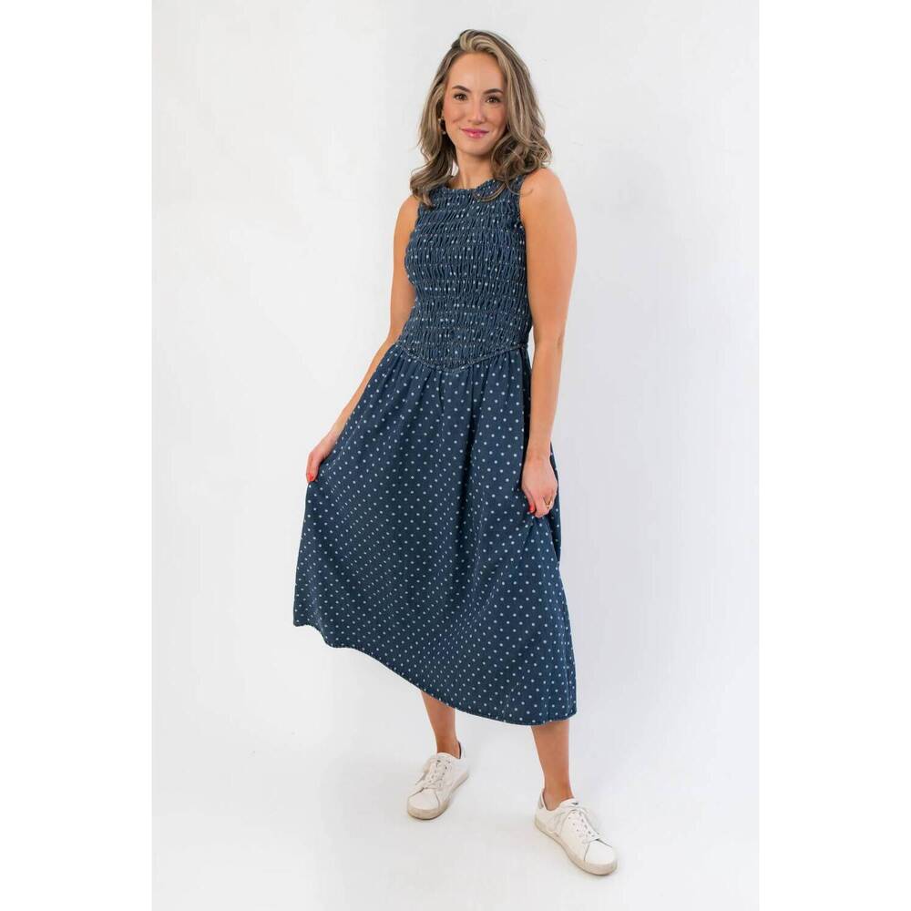 NEW SUNDAY EDITION southern roots denim polka dot midi dress in blue